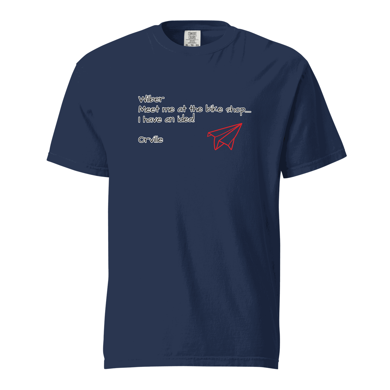Bike Shop Wilbur navy unisex heavyweight cotton t-shirt with paper airplane design and text print