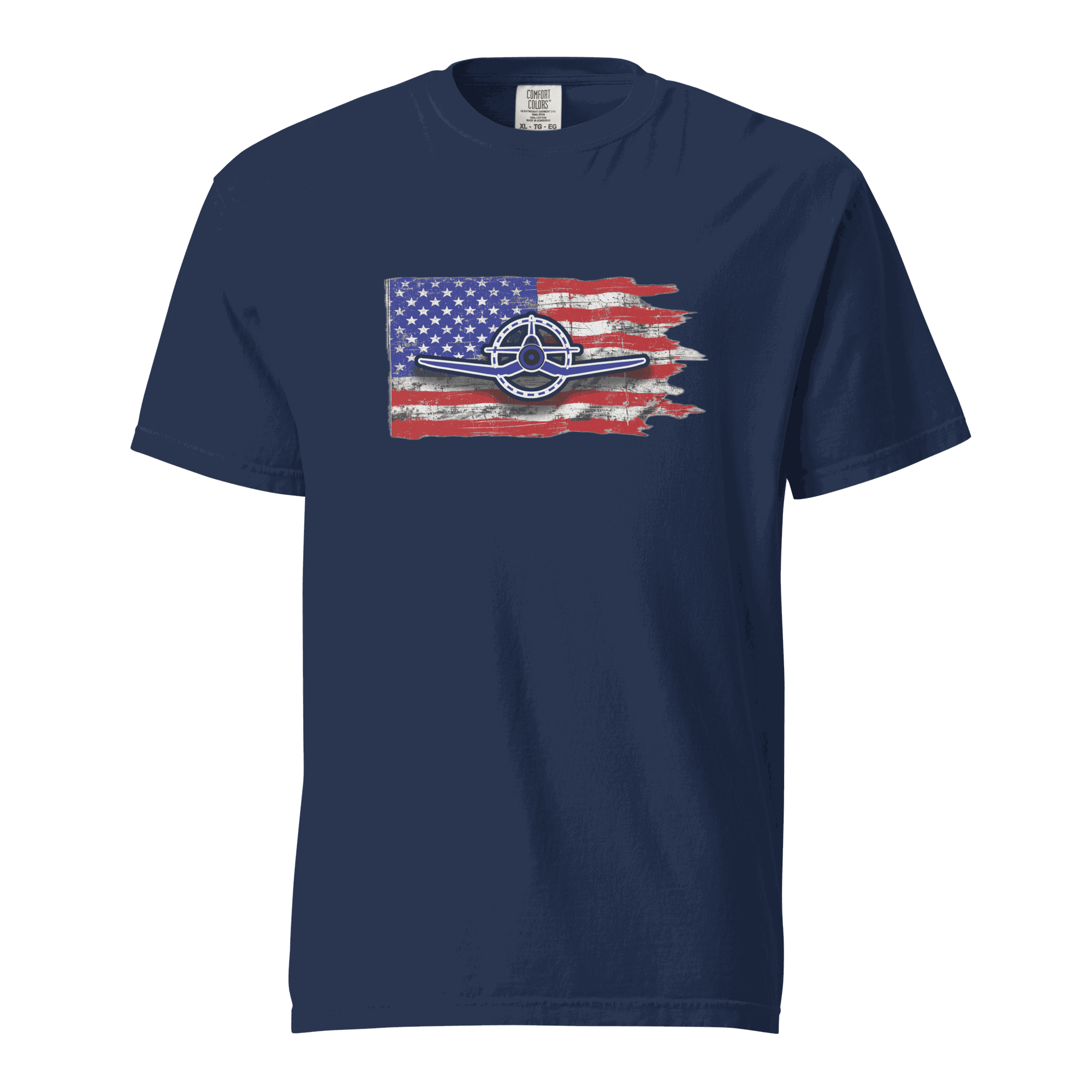 F4U Corsair heavyweight tee Lovers featuring a Corsair silhouette on a distressed American flag background.