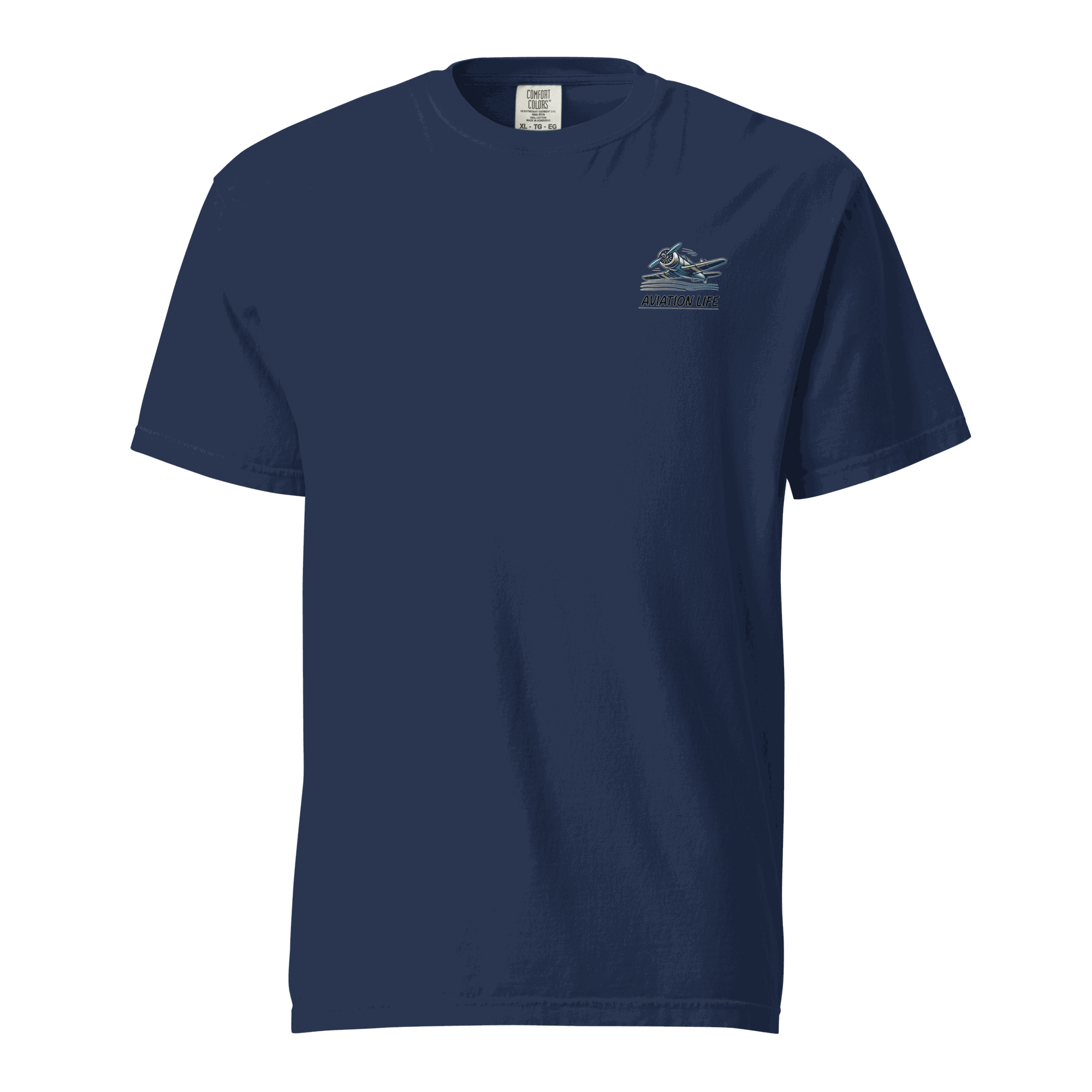 Navy blue unisex heavyweight t-shirt with female wings helmet design on chest made from 100% ring-spun cotton