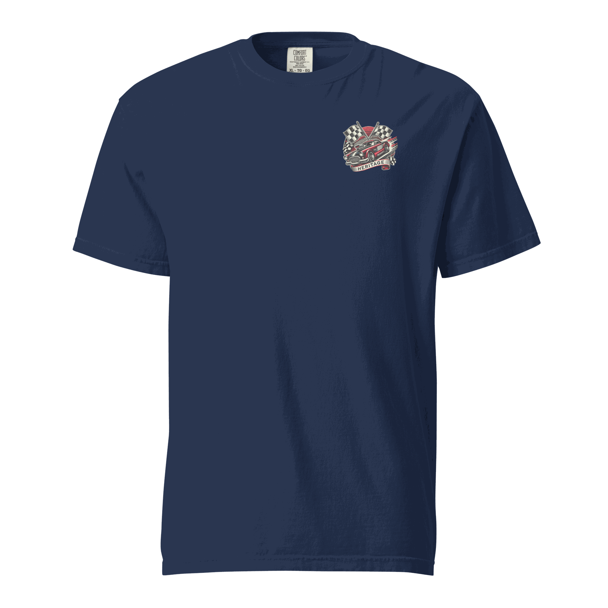 Heritage Classic Car navy blue heavyweight unisex t-shirt with classic car and checkered flag design