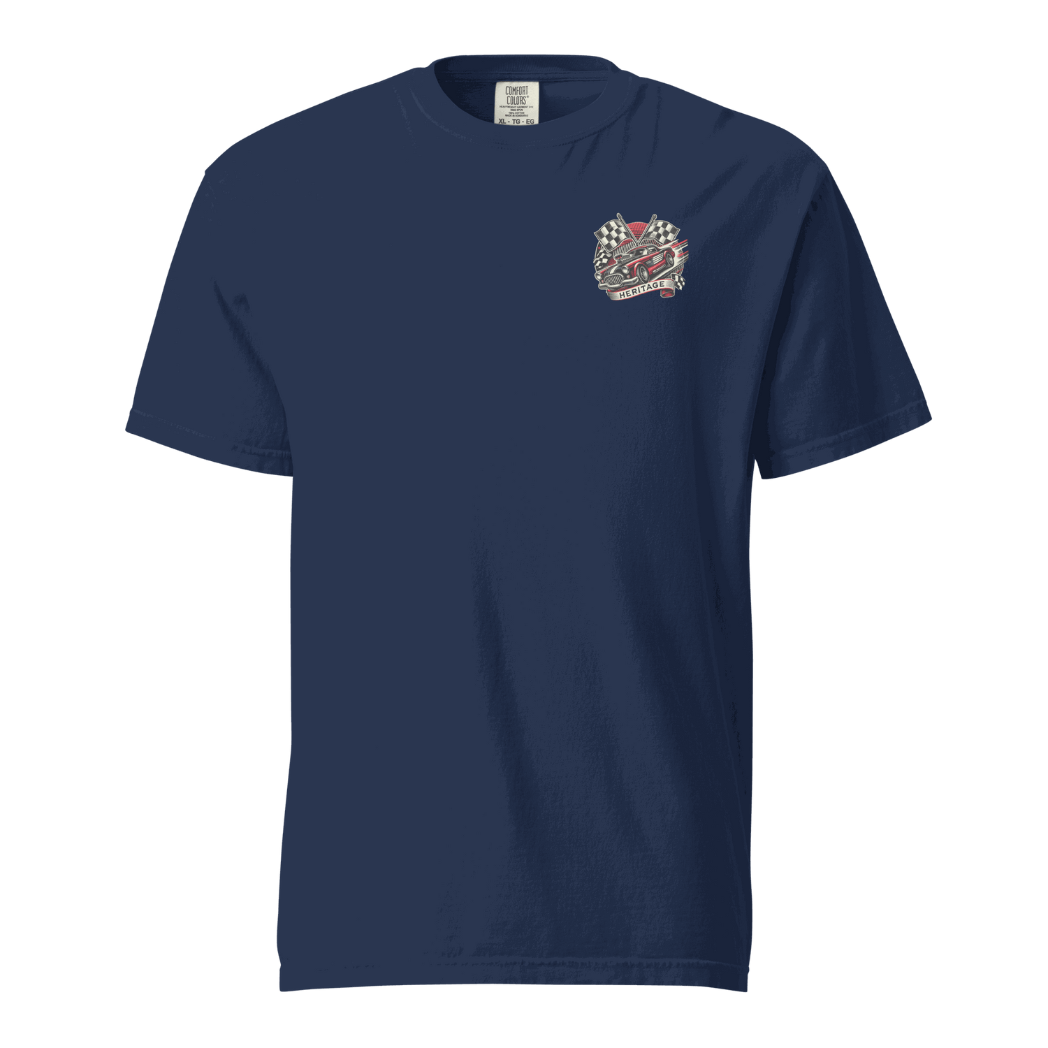 Heritage Mustang Back navy blue heavyweight cotton t-shirt with small chest graphic and relaxed fit