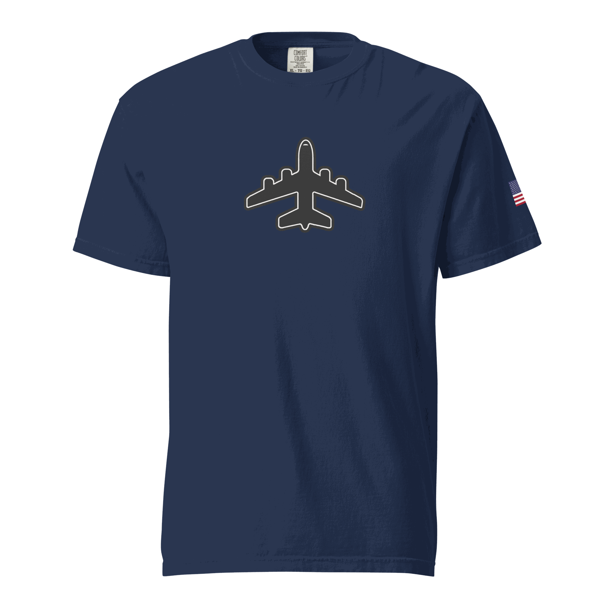 Jumbo Jet Unisex navy garment-dyed heavyweight t-shirt with airplane graphic and American flag sleeve patch