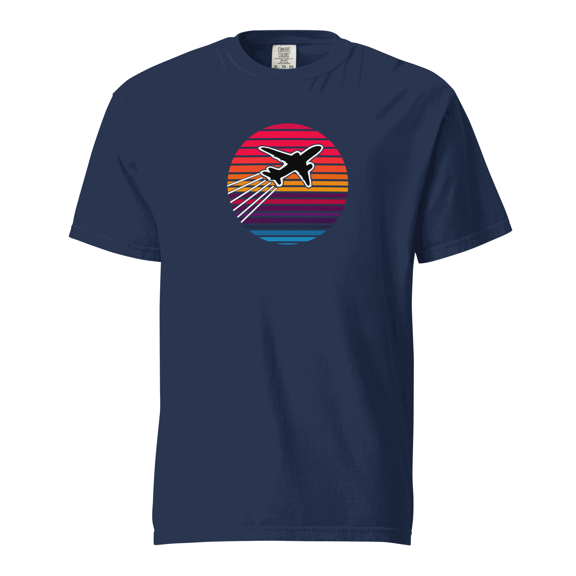 Sunset Flight unisex heavyweight navy t-shirt with airplane graphic and sunset stripes