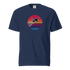 Sunset Flight unisex heavyweight navy t-shirt with airplane graphic and sunset stripes