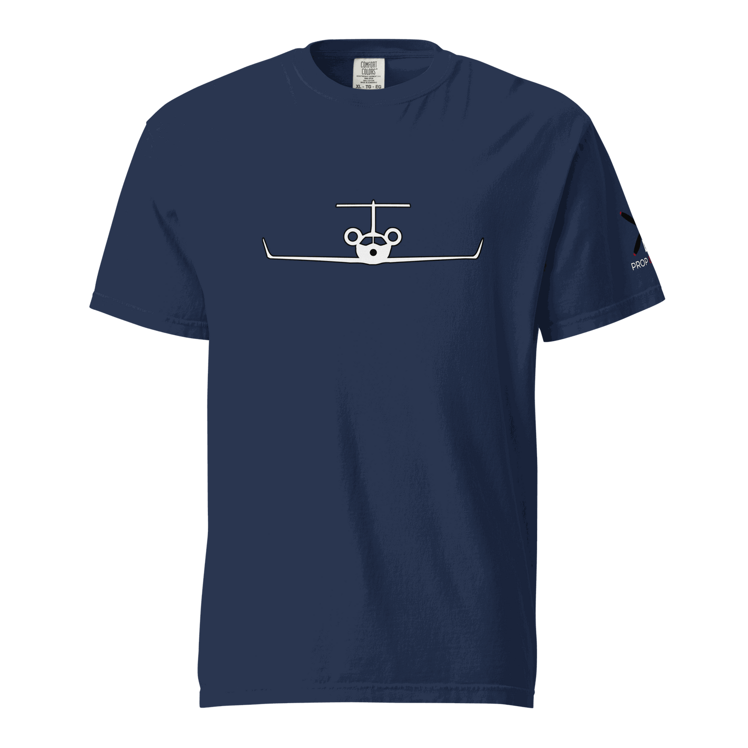 Navy blue unisex heavyweight cotton t-shirt with simple private jet graphic on front and logo on sleeve