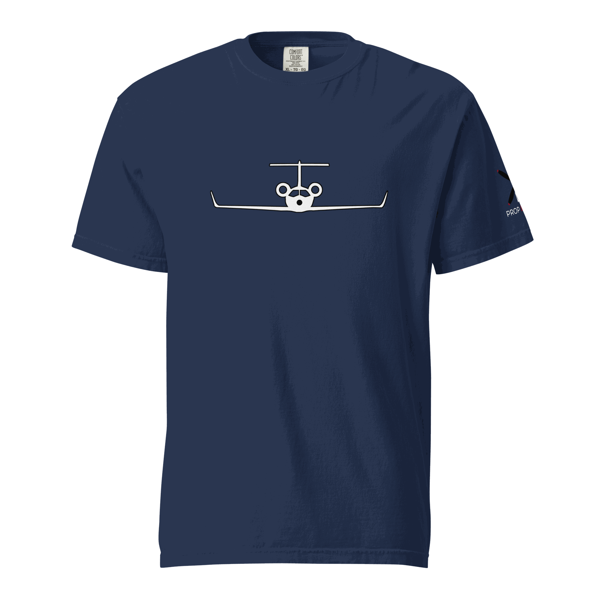 Navy blue unisex heavyweight t-shirt with minimalist white private jet graphic on front, made of 100% ring-spun cotton.