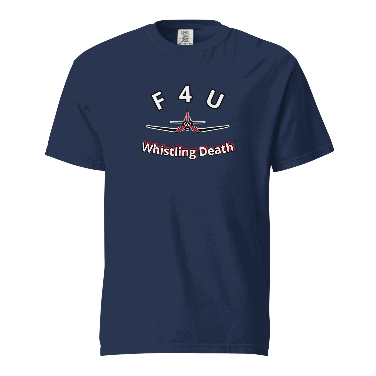 Navy F4U Whistling Death heavyweight t-shirt with airplane graphic and text on front, made of 100% ring-spun cotton.