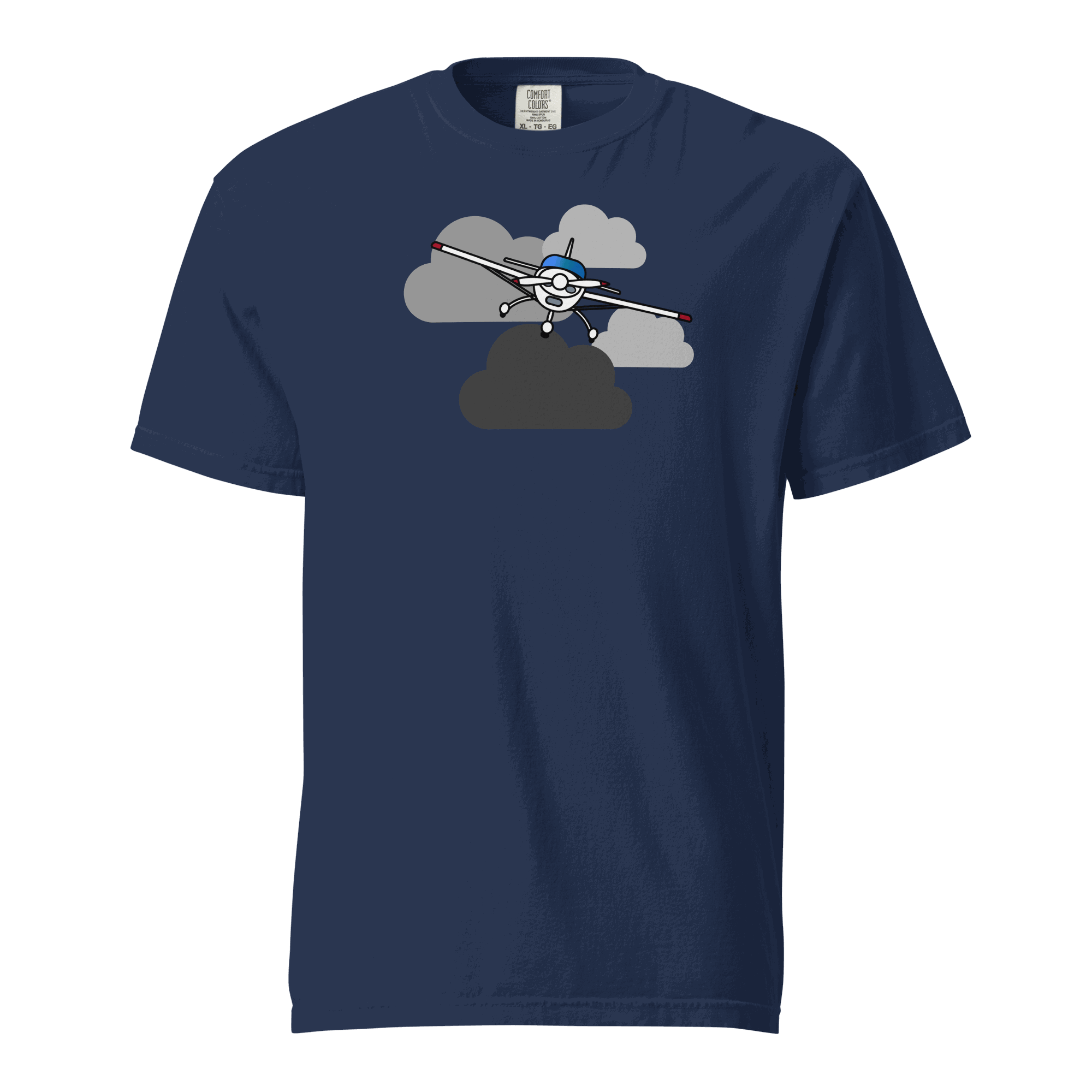 Vintage airplane graphic on unisex garment-dyed cotton t-shirt in clouds background