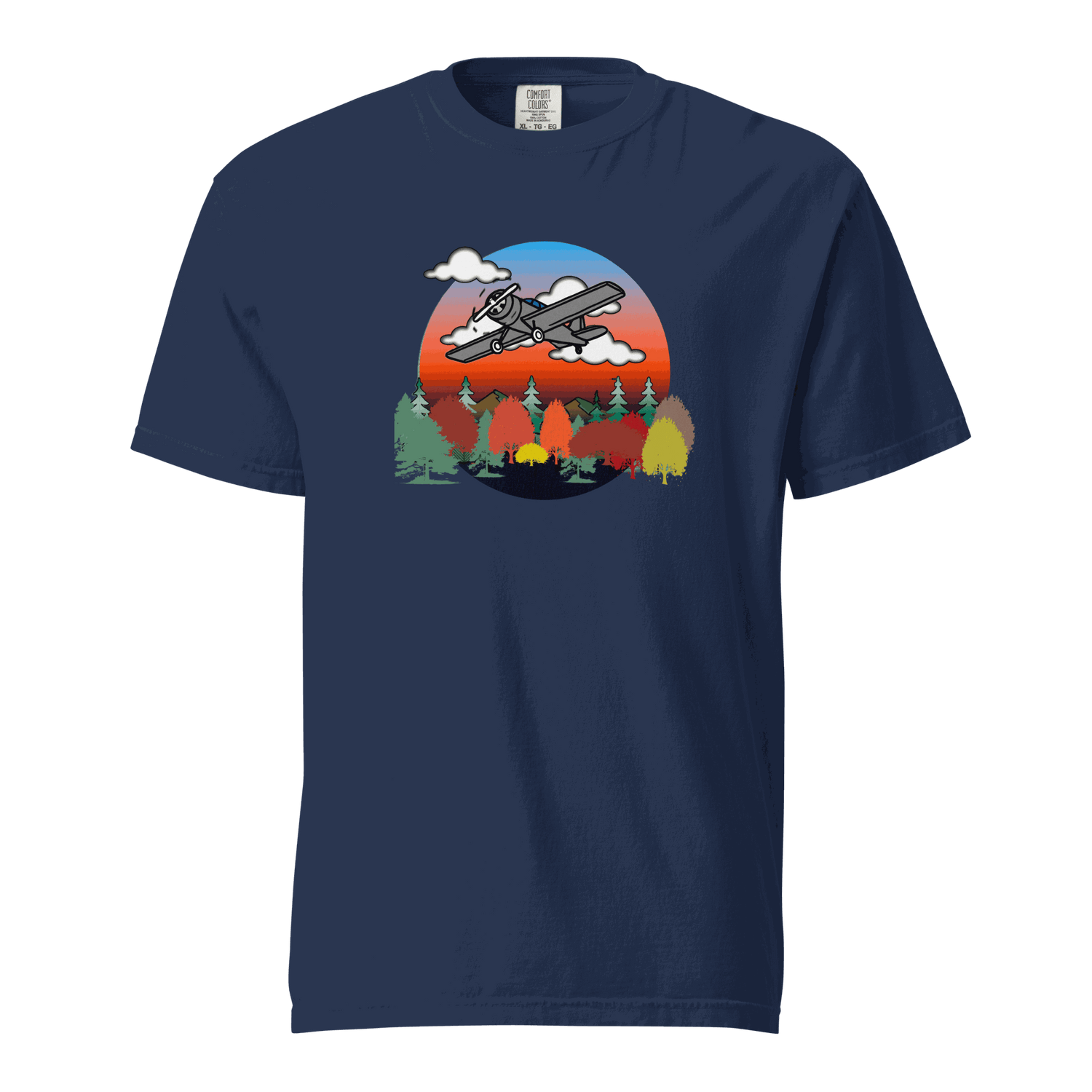 Navy unisex plane t-shirt with fall-themed propeller plane graphic and breathable cotton fabric