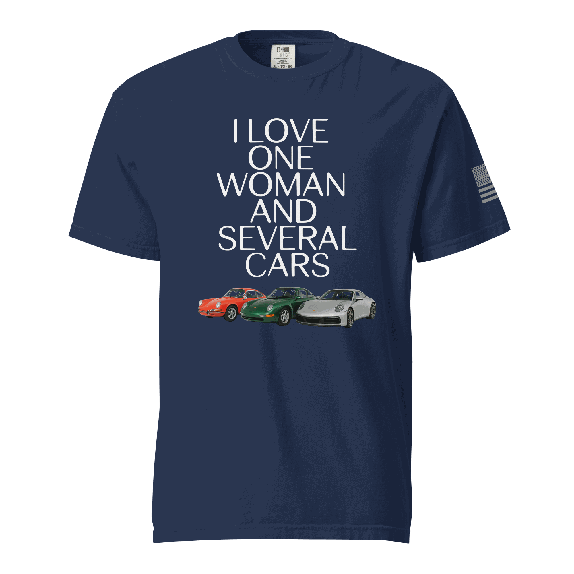 Navy unisex heavyweight cotton t-shirt with "I Love One Woman and Several Cars" text and car graphics