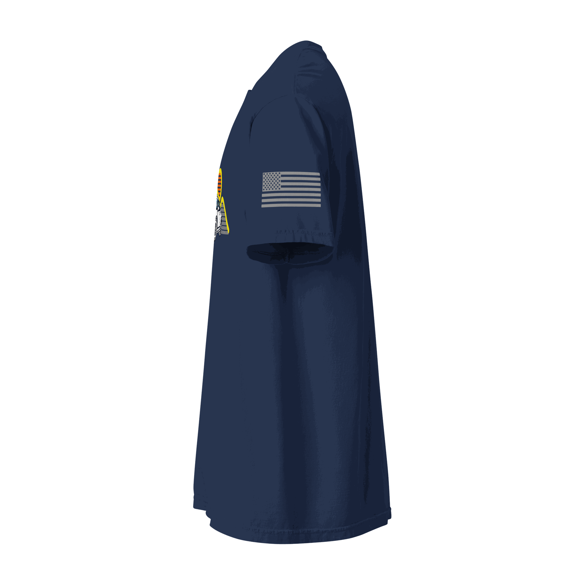 Side view of navy blue Sport Car T-Shirt featuring retro sunset and sports car silhouette design