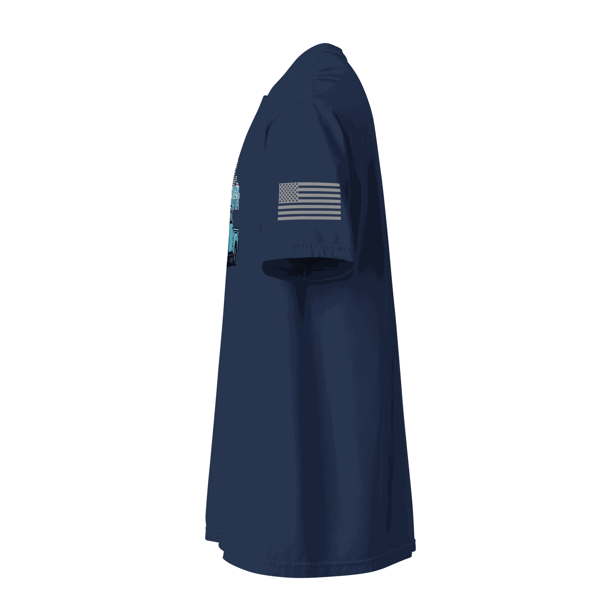 Side view of navy Minnesota classic truck t-shirt with American flag on sleeve and vintage truck graphic on front