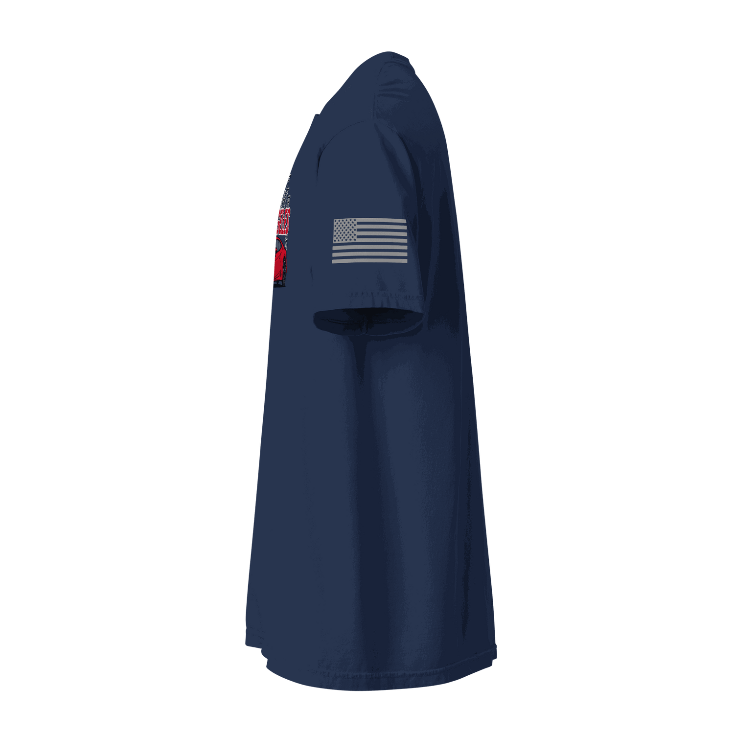 Side view of navy Los Angeles Tee with American flag on sleeve and red supercar graphic on front