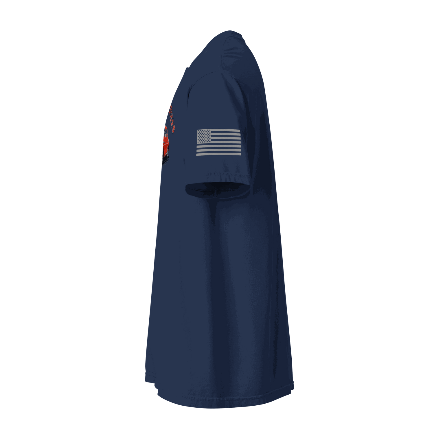 Navy Varsity Sports Car t-shirt side view with American flag sleeve patch made of heavyweight cotton