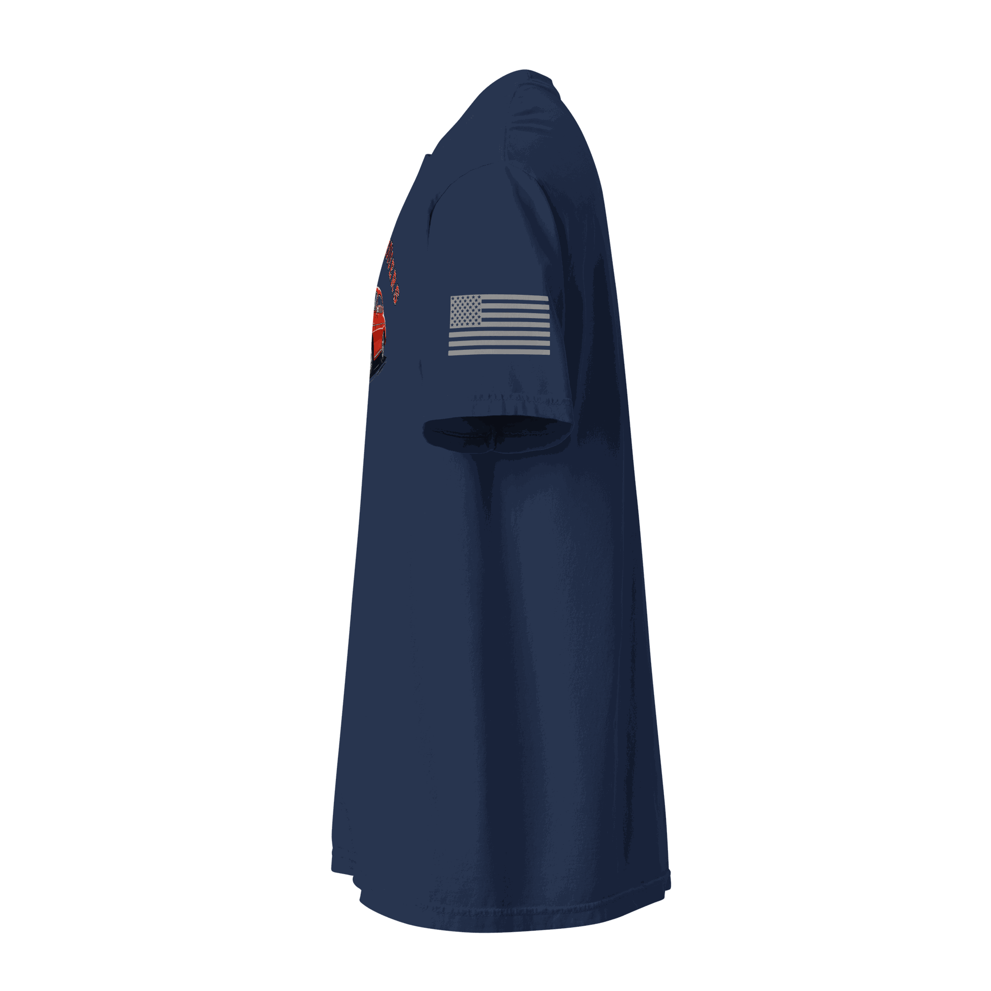 Navy Varsity Sports Car t-shirt side view with American flag sleeve patch made of heavyweight cotton