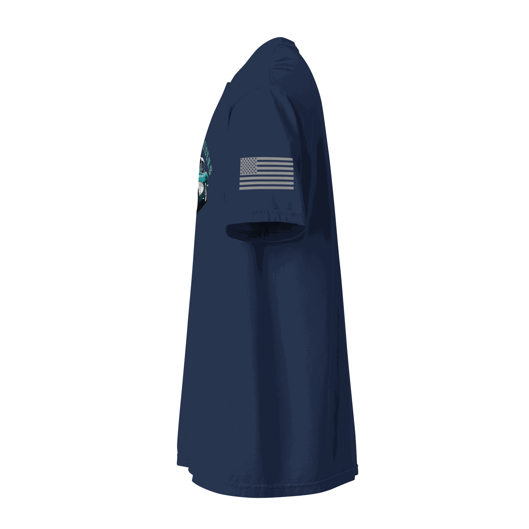 Classic T-shirt in true navy with soft cotton fabric, unisex relaxed fit, and American flag sleeve detail.