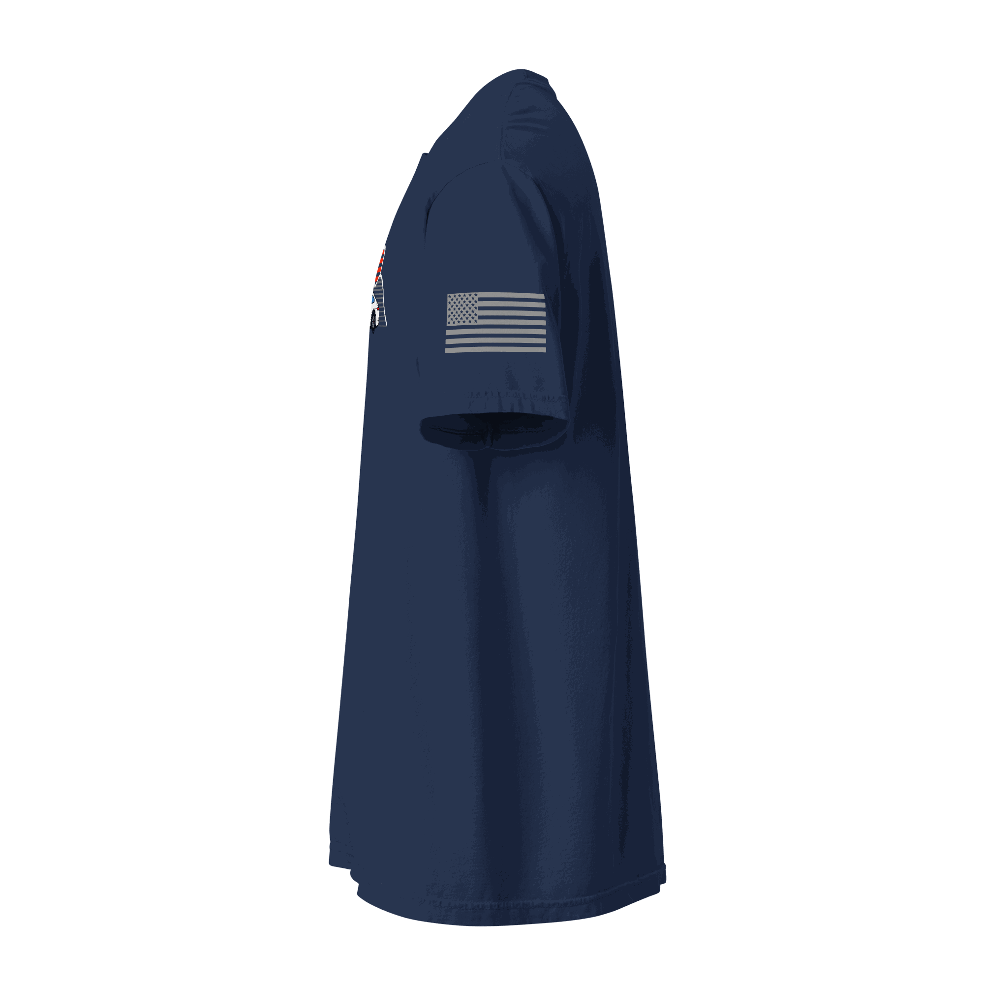 Navy Sunset Sports Car T-Shirt side view with American flag on sleeve