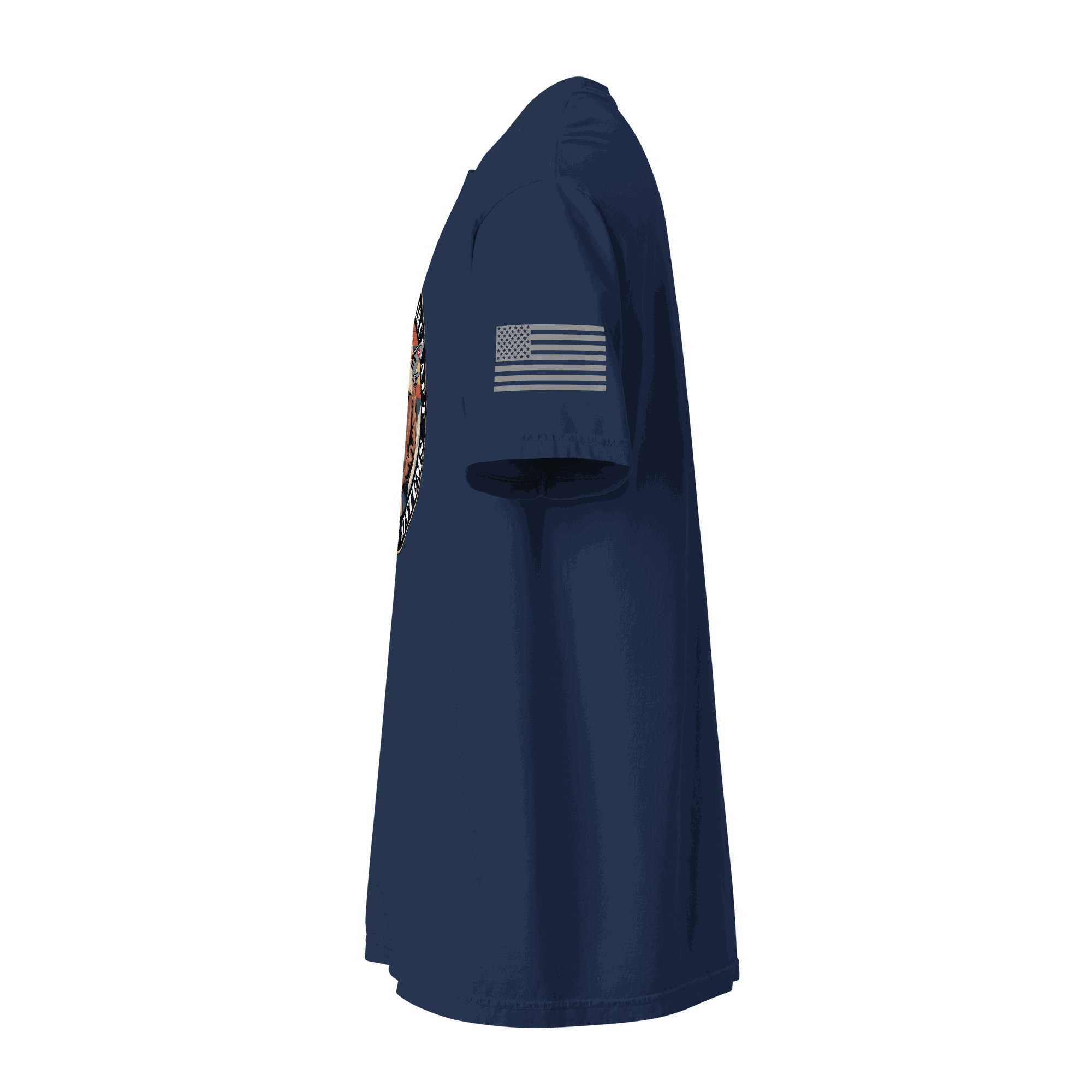 Navy blue Tactical Shooting T-Shirt with American flag on sleeve, made of durable cotton, relaxed fit for comfort.