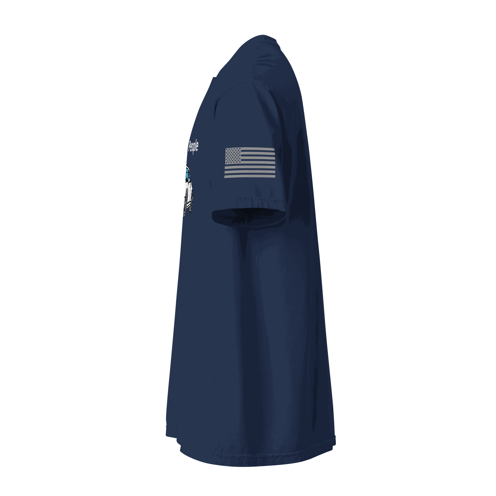 Side view of navy blue Car T-shirt with American flag on sleeve and graphic print on front