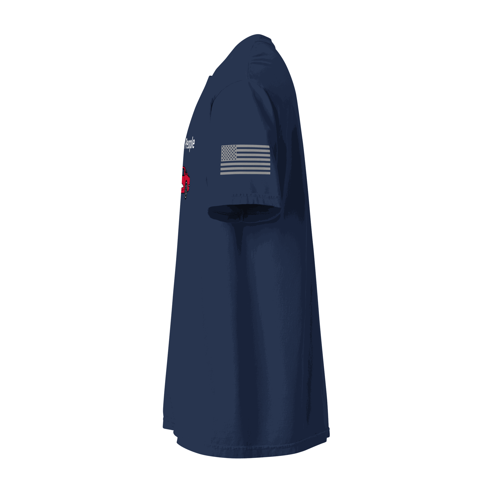 Navy funny car lover t-shirt with American flag on sleeve and driving-themed graphic design