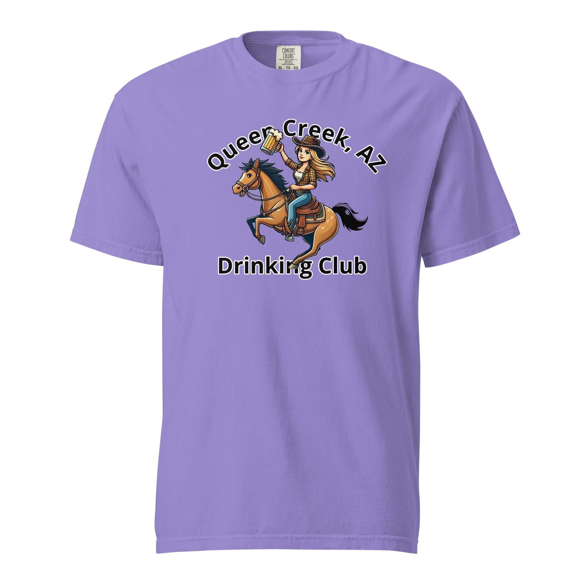 Queen Creek AZ Cowgirl Drinking Club unisex heavyweight cotton t-shirt with horse rider graphic.