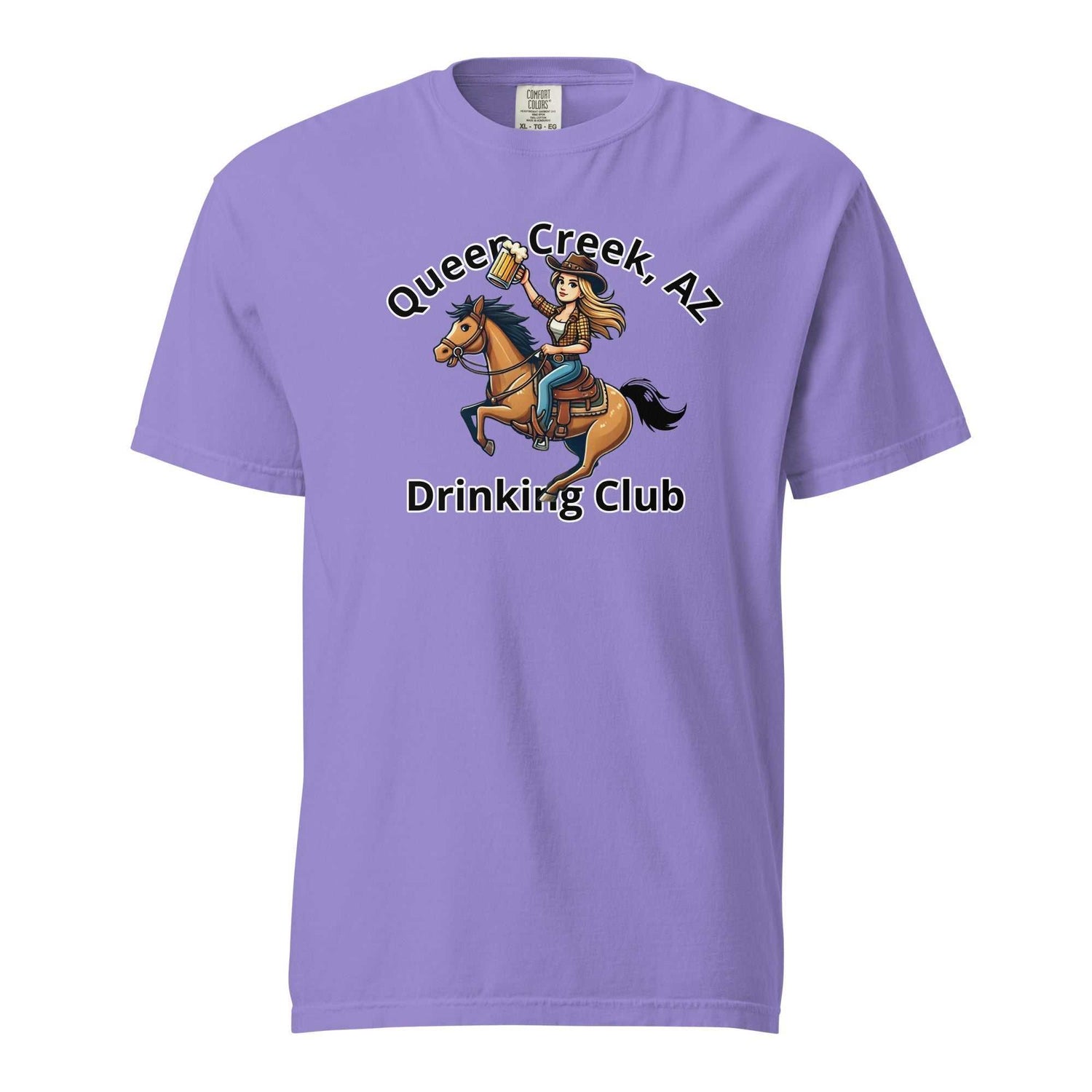 Queen Creek AZ Cowgirl Drinking Club unisex heavyweight cotton t-shirt with horse rider graphic.