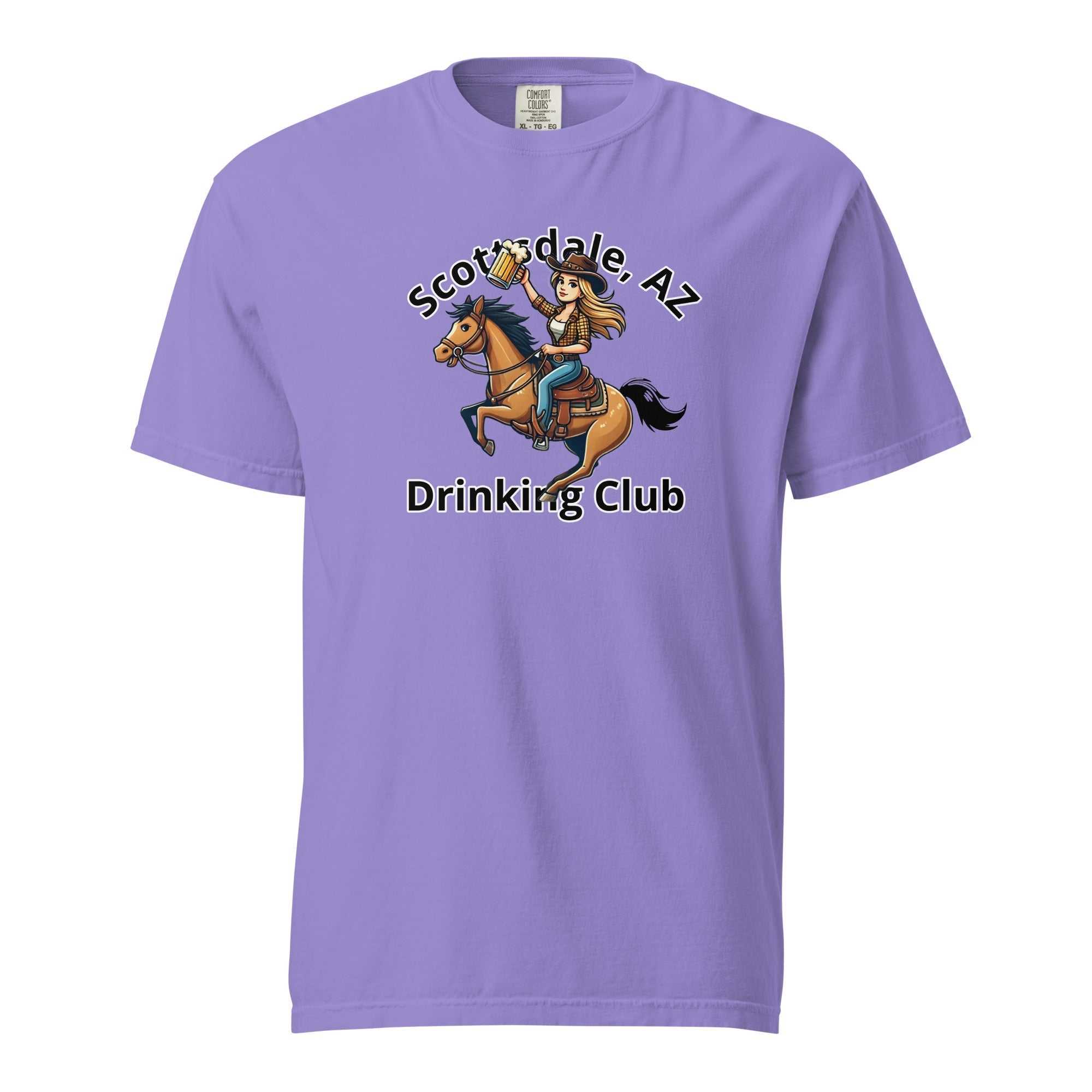 Scottsdale Cowgirl Horse Beer unisex heavyweight purple t-shirt with cartoon cowgirl on horse and drinking club text