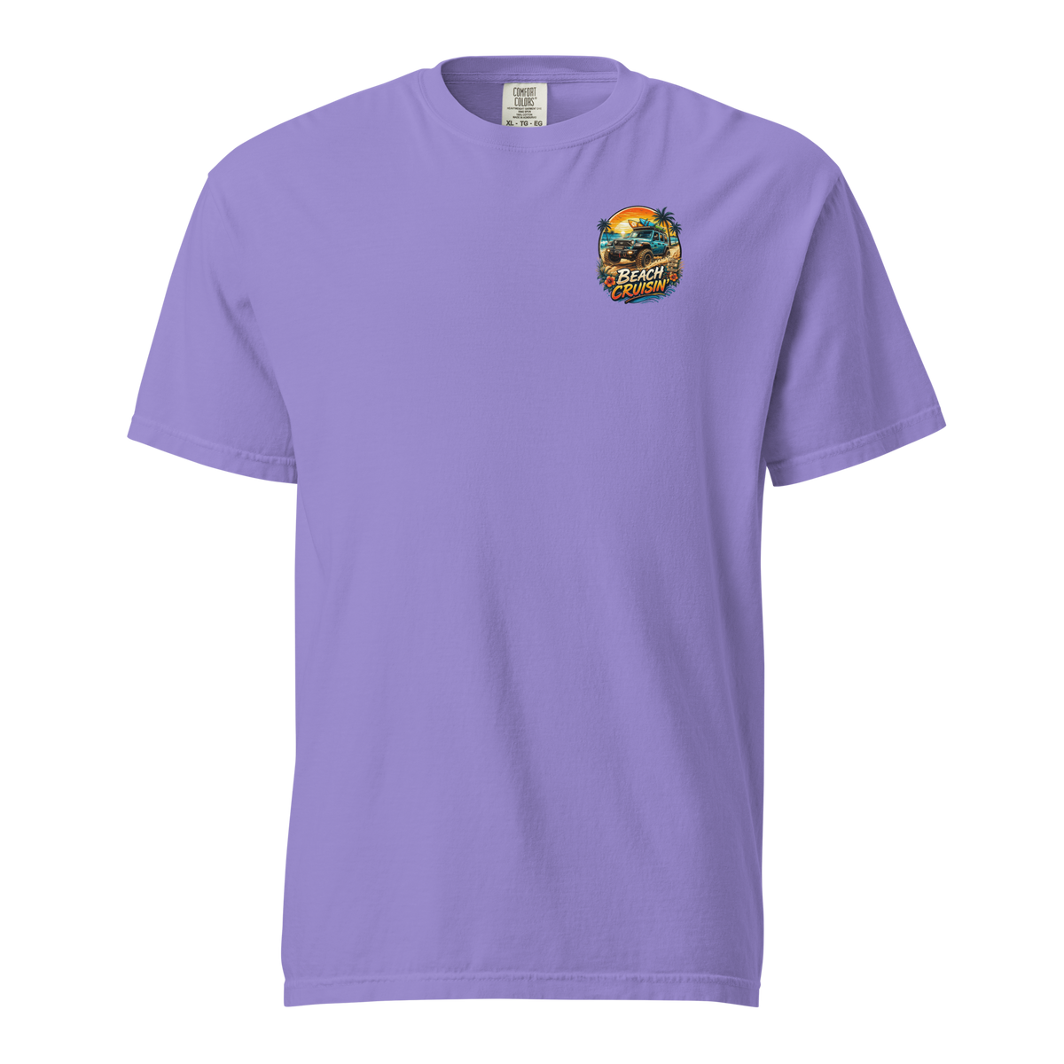 Unisex beach cruisin t-shirt in lavender with a colorful beach graphic on the front.