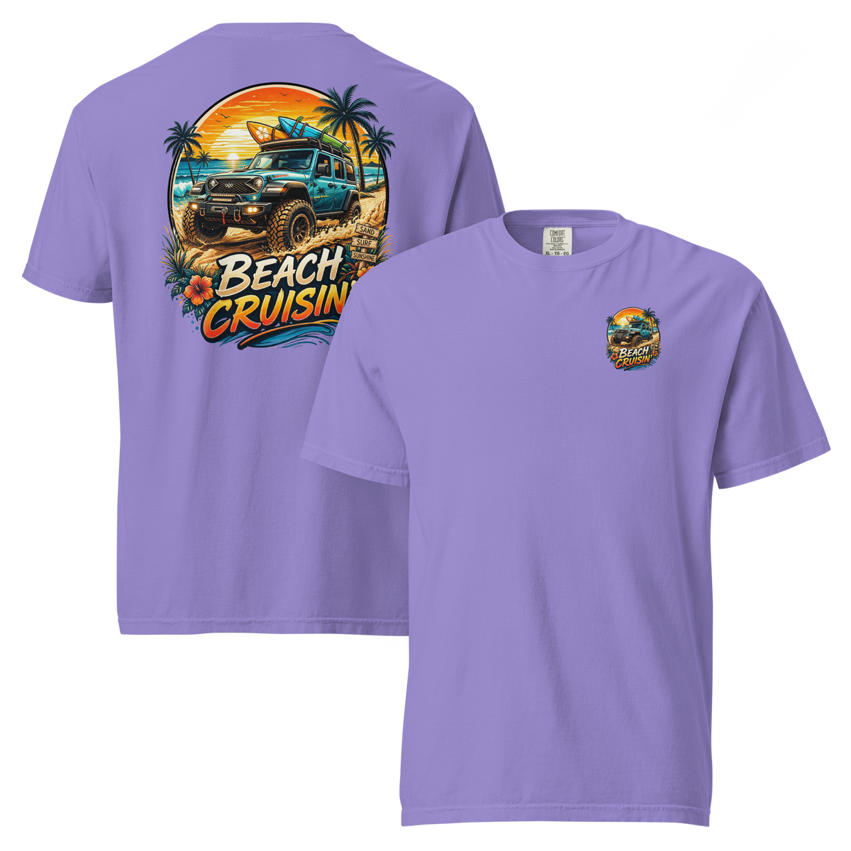 Unisex beach cruisin t-shirt featuring a vibrant beach scene and off-road vehicle design on a purple fabric.