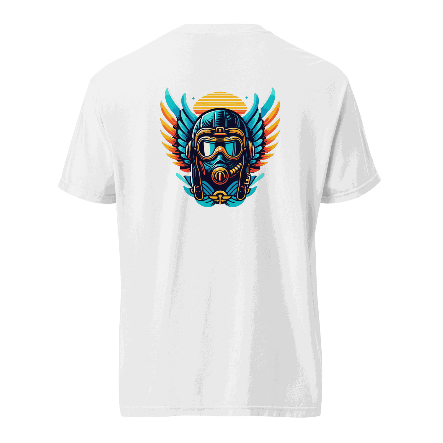 White t-shirt with blue and orange flight helmet graphic on back