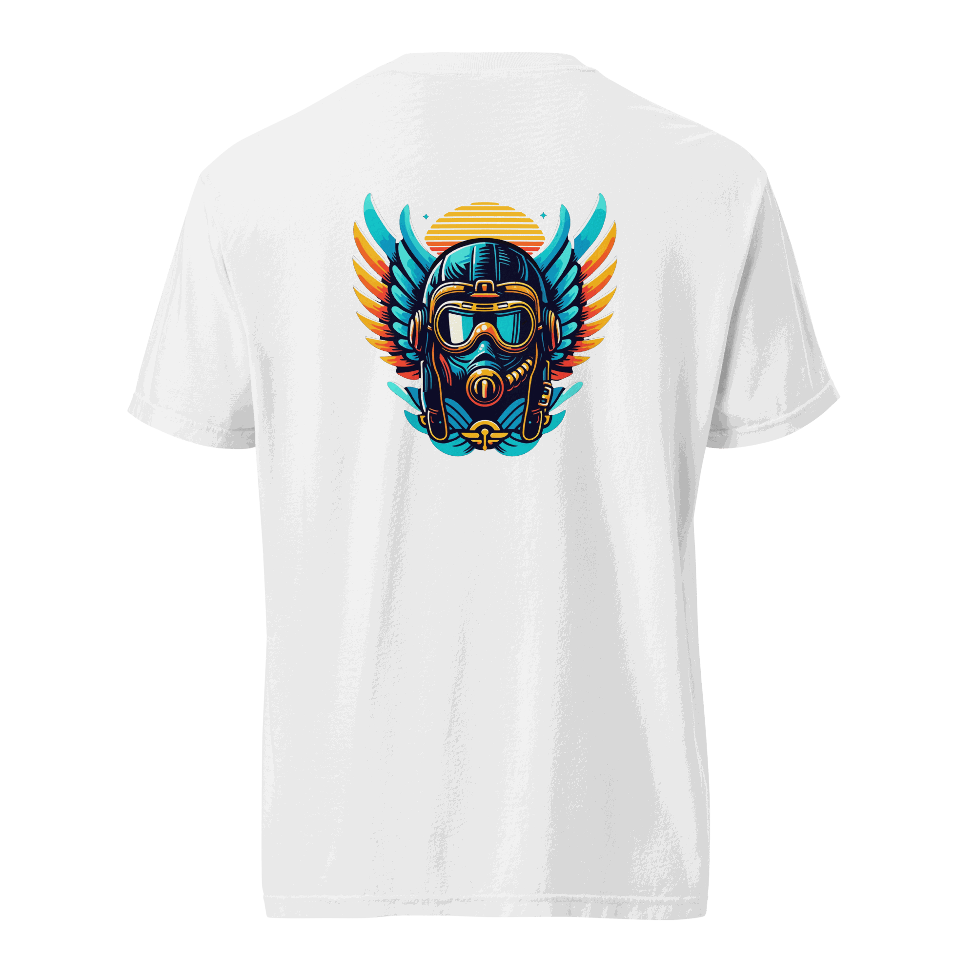 White Flight Airplane T-Shirt with colorful flight helmet and wings graphic on back