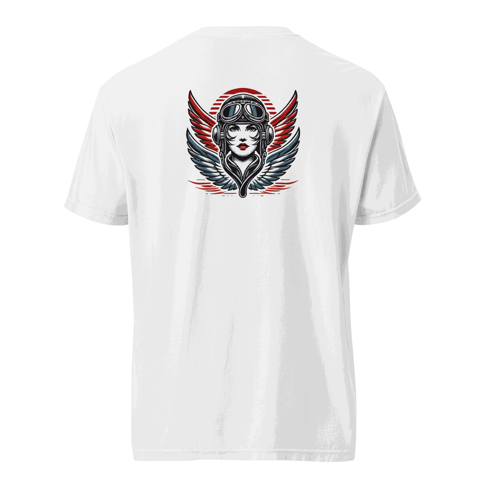 White t-shirt with female wings helmet graphic on the back, made of 100% ring-spun cotton with a relaxed fit
