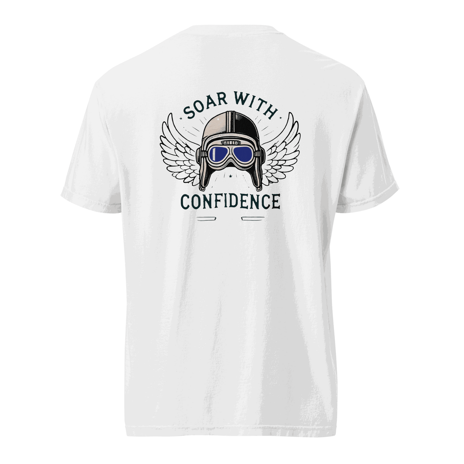 White Flying Machine t shirt with blue goggles and wings graphic design on the back