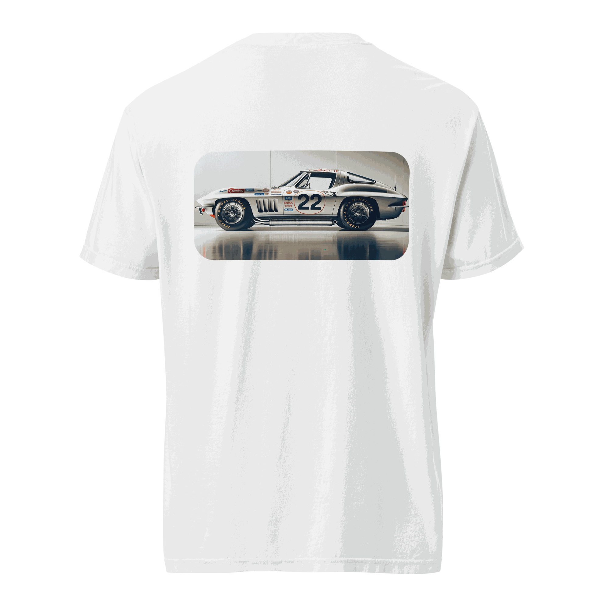 White Heritage Classic Car t-shirt with vintage race car graphic on back, 100% cotton, heavyweight and breathable