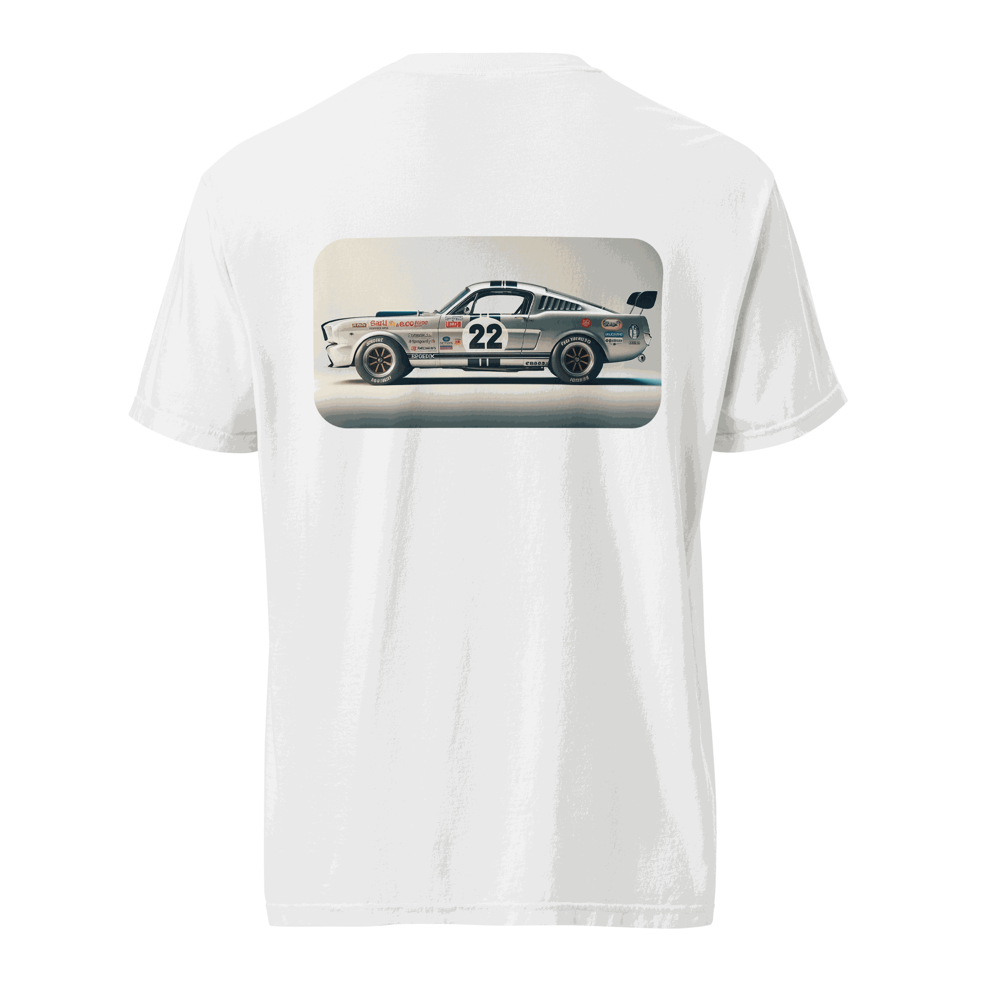 White Heritage Mustang Back T-shirt featuring a classic race car graphic on the back, made of 100% ring-spun cotton with a relaxed fit.