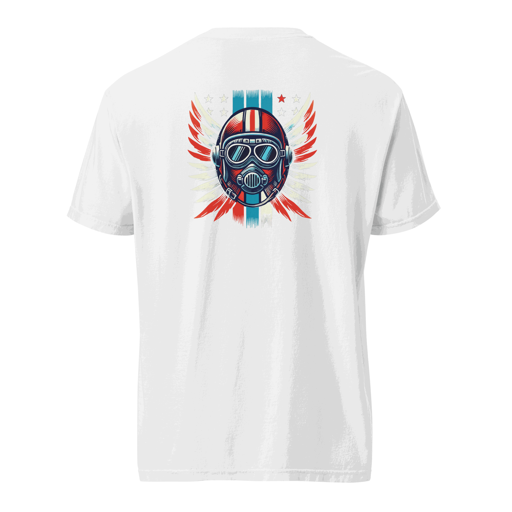 White heavyweight t-shirt with red, white, and blue helmet graphic and wing design on the back