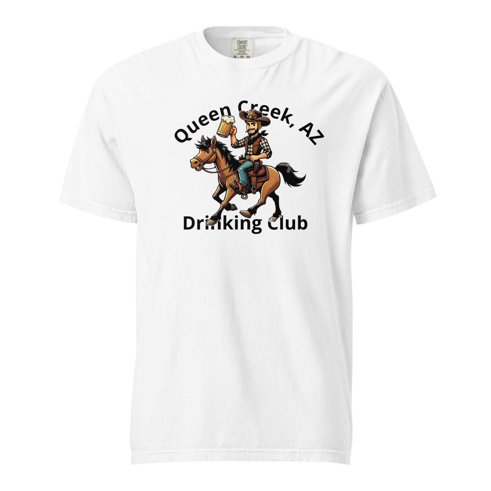 White Queen Creek AZ Cowboy Drinking Club heavyweight cotton t-shirt with cowboy riding horse graphic and text.