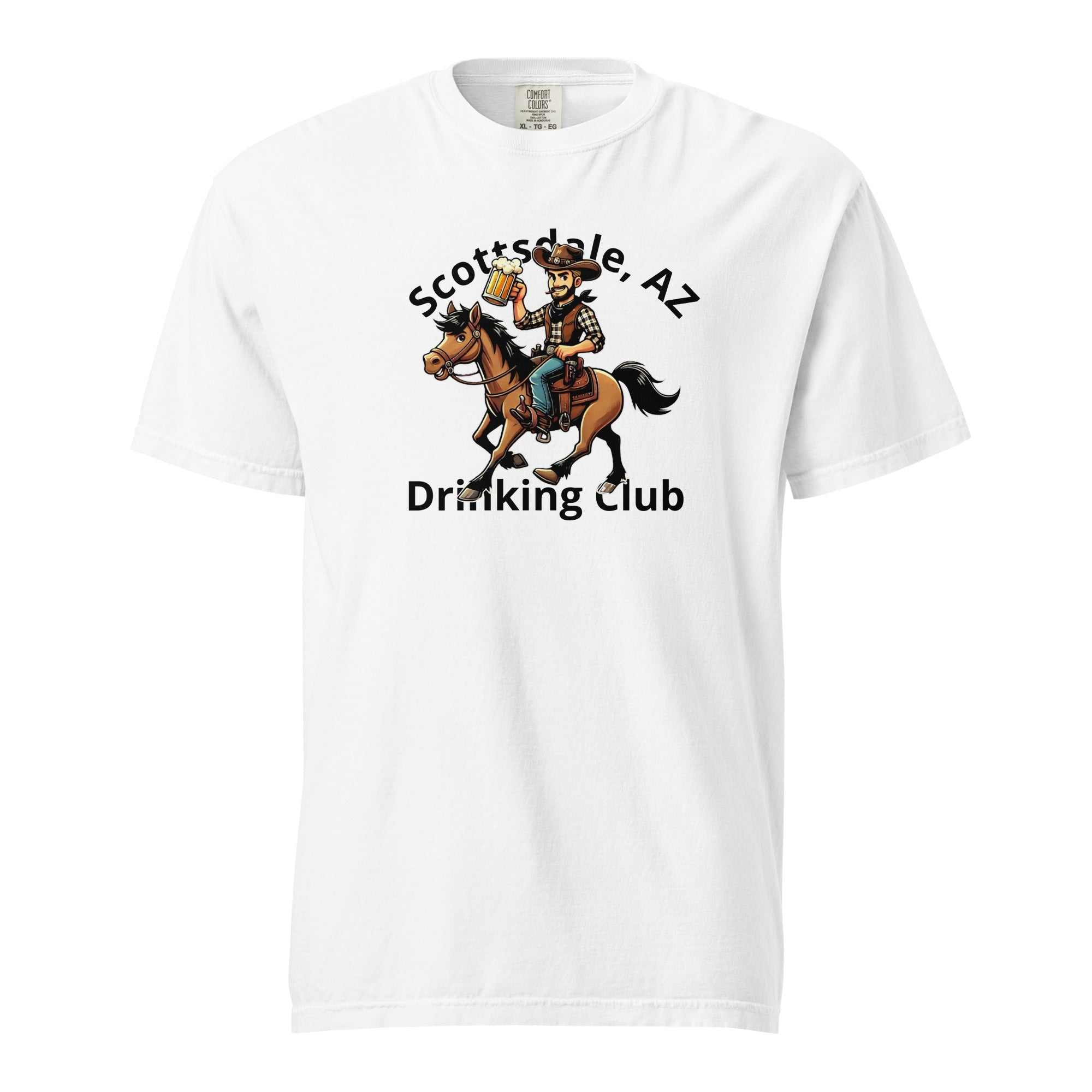 White heavyweight t-shirt with Scottsdale Cowboy Horse Beer drinking club graphic and cowboy riding horse design