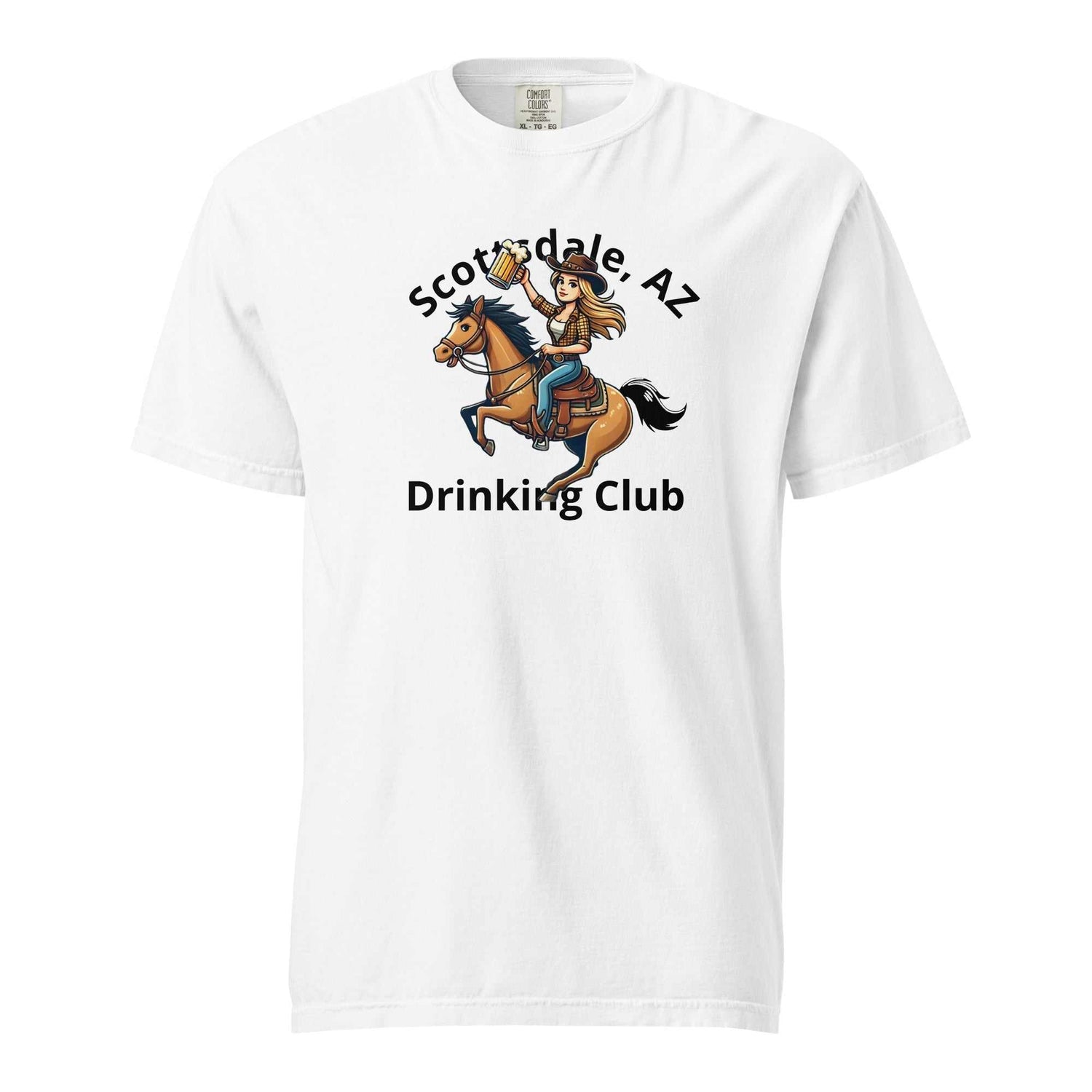 White Scottsdale Cowgirl Horse Beer unisex heavyweight t-shirt with cowboy riding horse graphic and text design