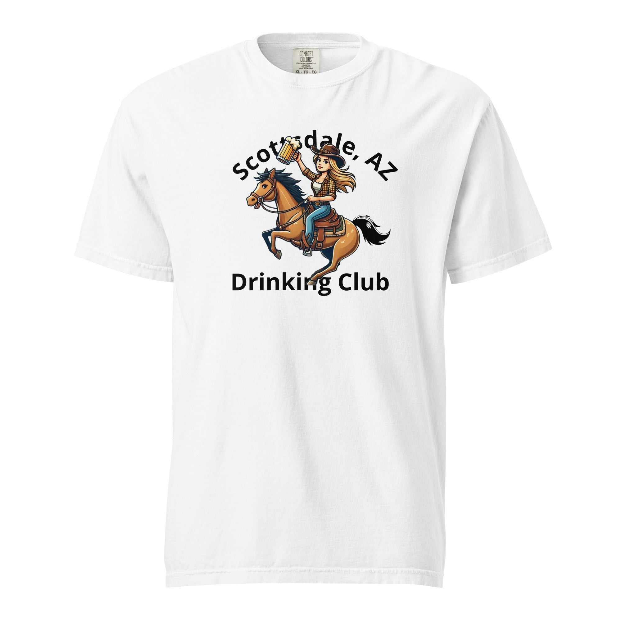 White unisex heavyweight t-shirt with Scottsdale Cowgirl Horse Beer drinking club design