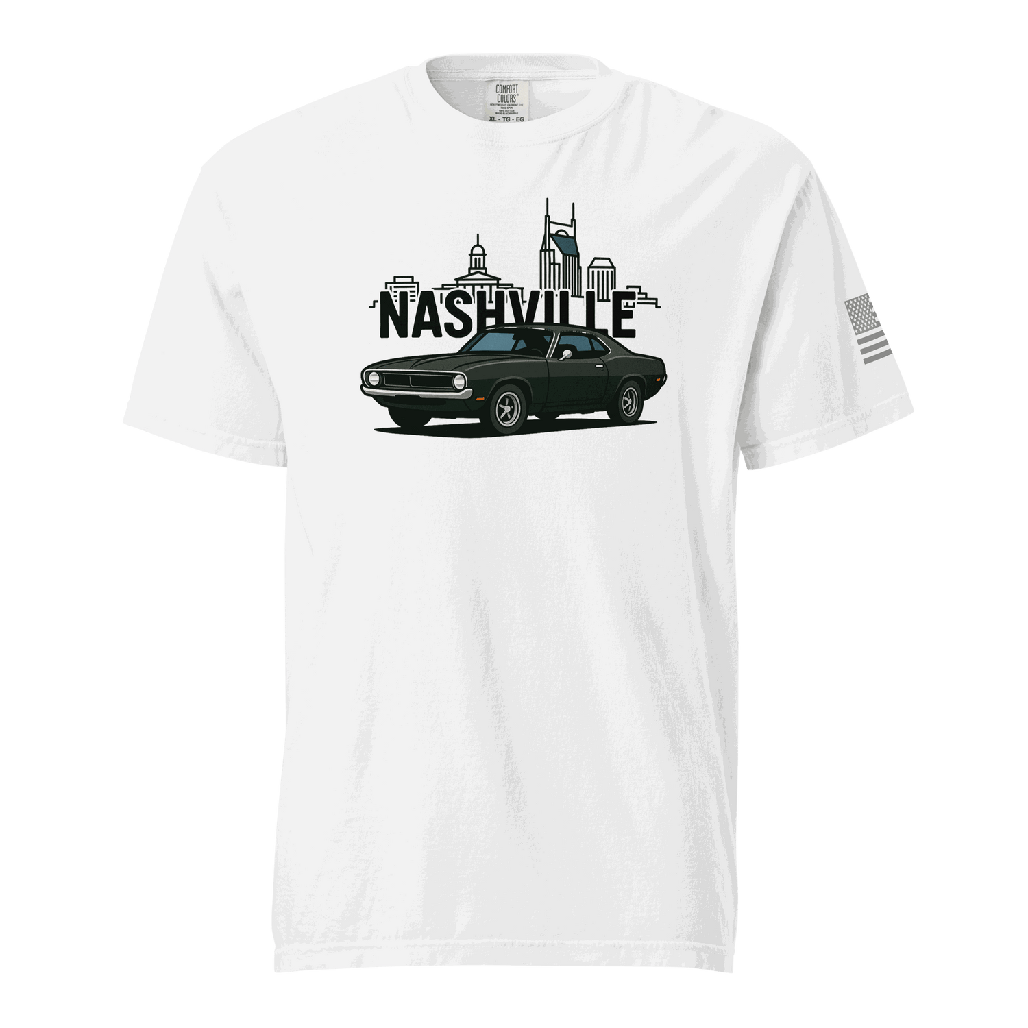 Nashville classic car t-shirt featuring a sleek car design and skyline on a white heavyweight tee.