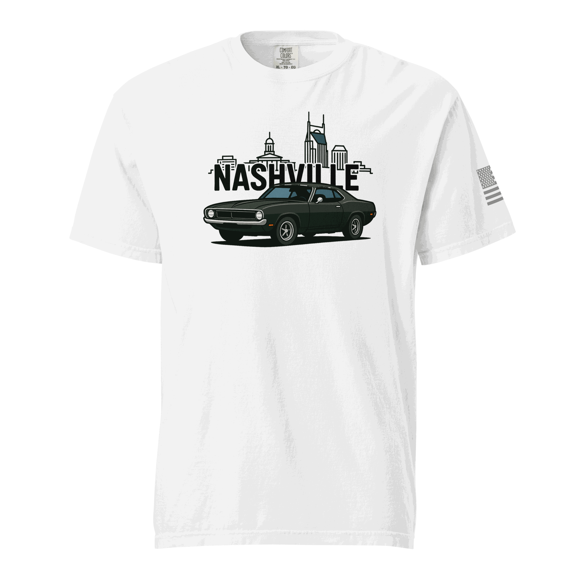 Nashville classic car t-shirt featuring a sleek car design and skyline on a white heavyweight tee.