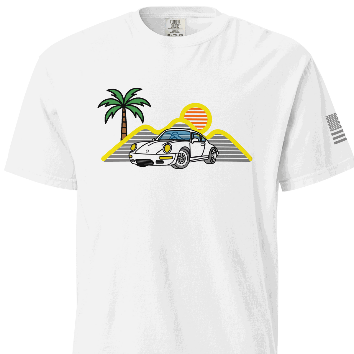 Sport car t-shirt with retro sunset and sports car silhouette design for car lovers