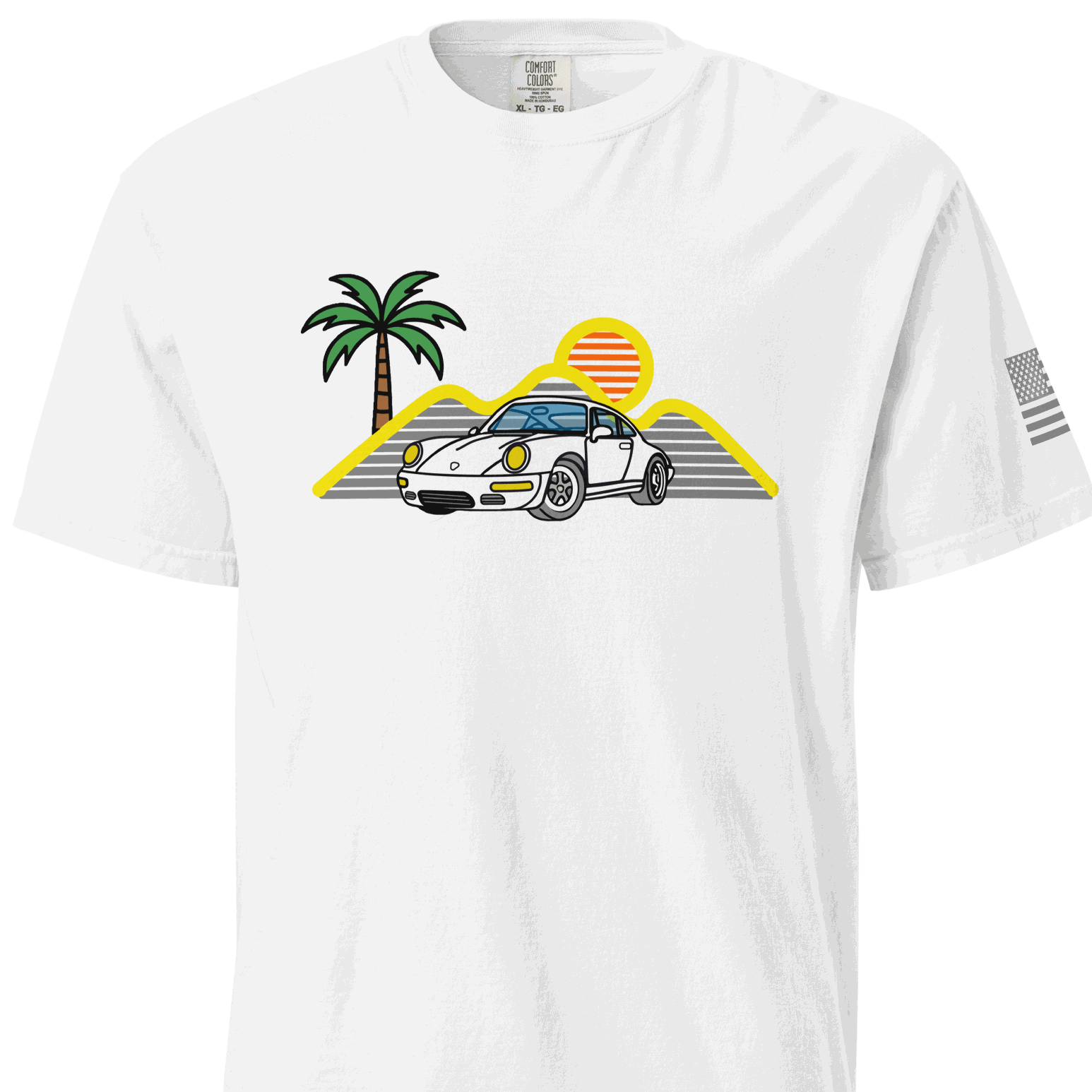 Sport car t-shirt with retro sunset and sports car silhouette design for car lovers