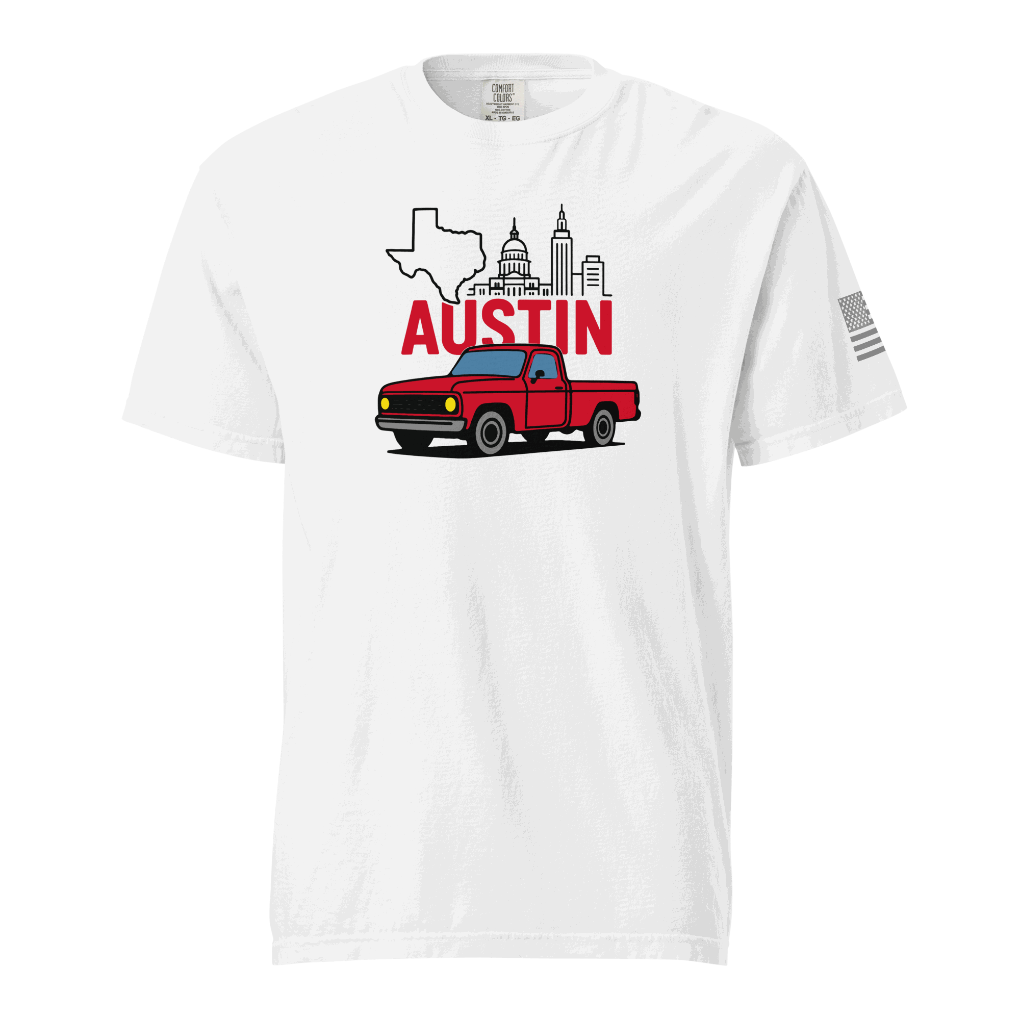 Austin Texas t shirt with vintage truck and Austin skyline graphic on white cotton tee