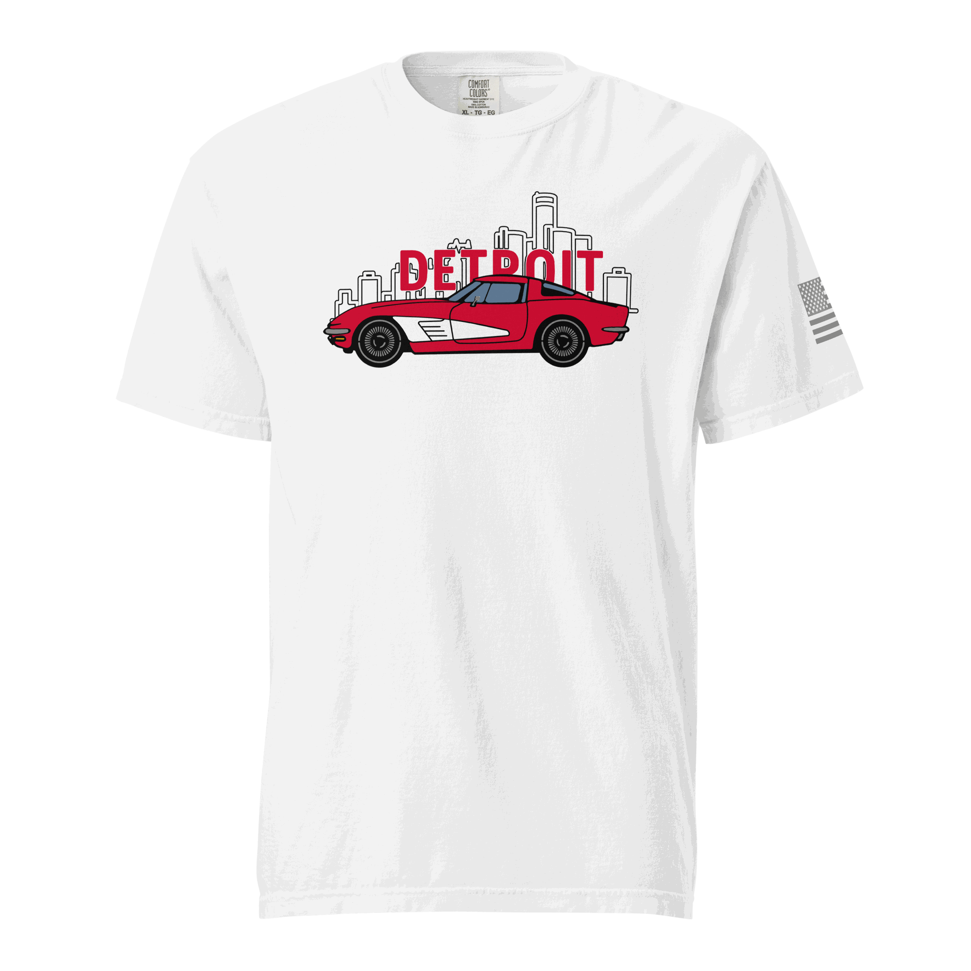 White Detroit Corvette T-Shirt with red classic car and Detroit skyline graphic front design