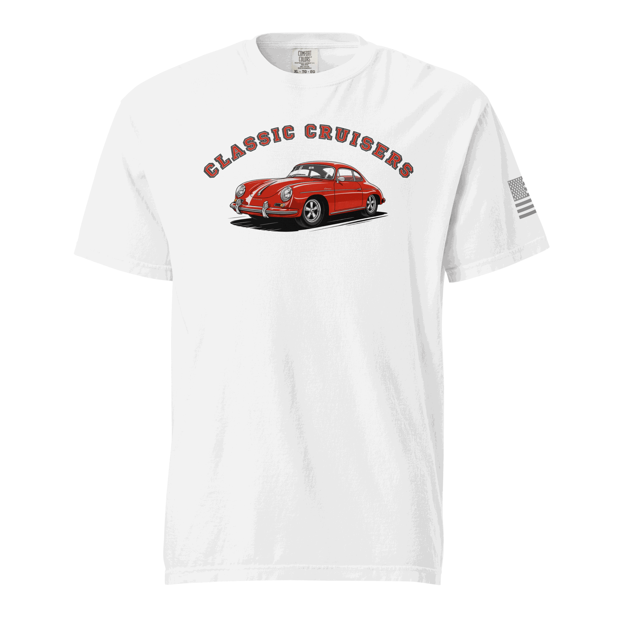 White Varsity Sports Car t-shirt with Classic Cruisers red vintage car design on front