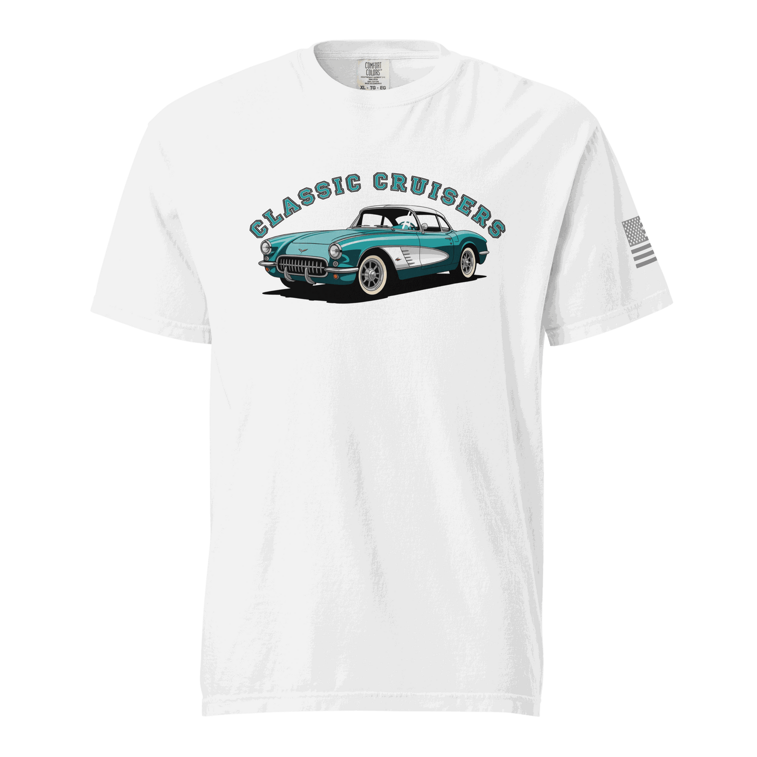 White classic t-shirt with classic cruisers vintage car graphic and soft cotton fabric