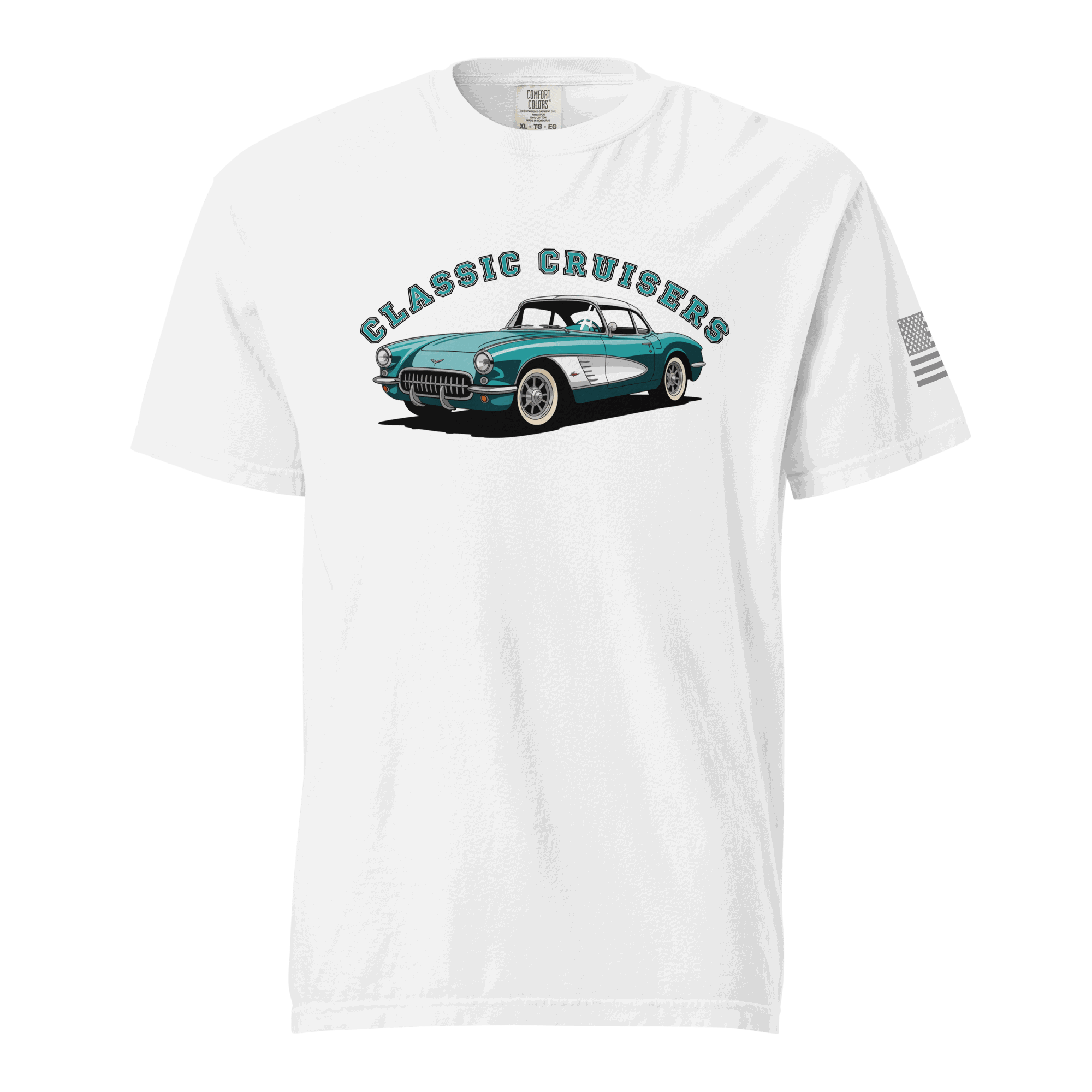 White Classic T-Shirt with Classic Cruisers vintage car graphic, soft cotton, unisex fit, durable design