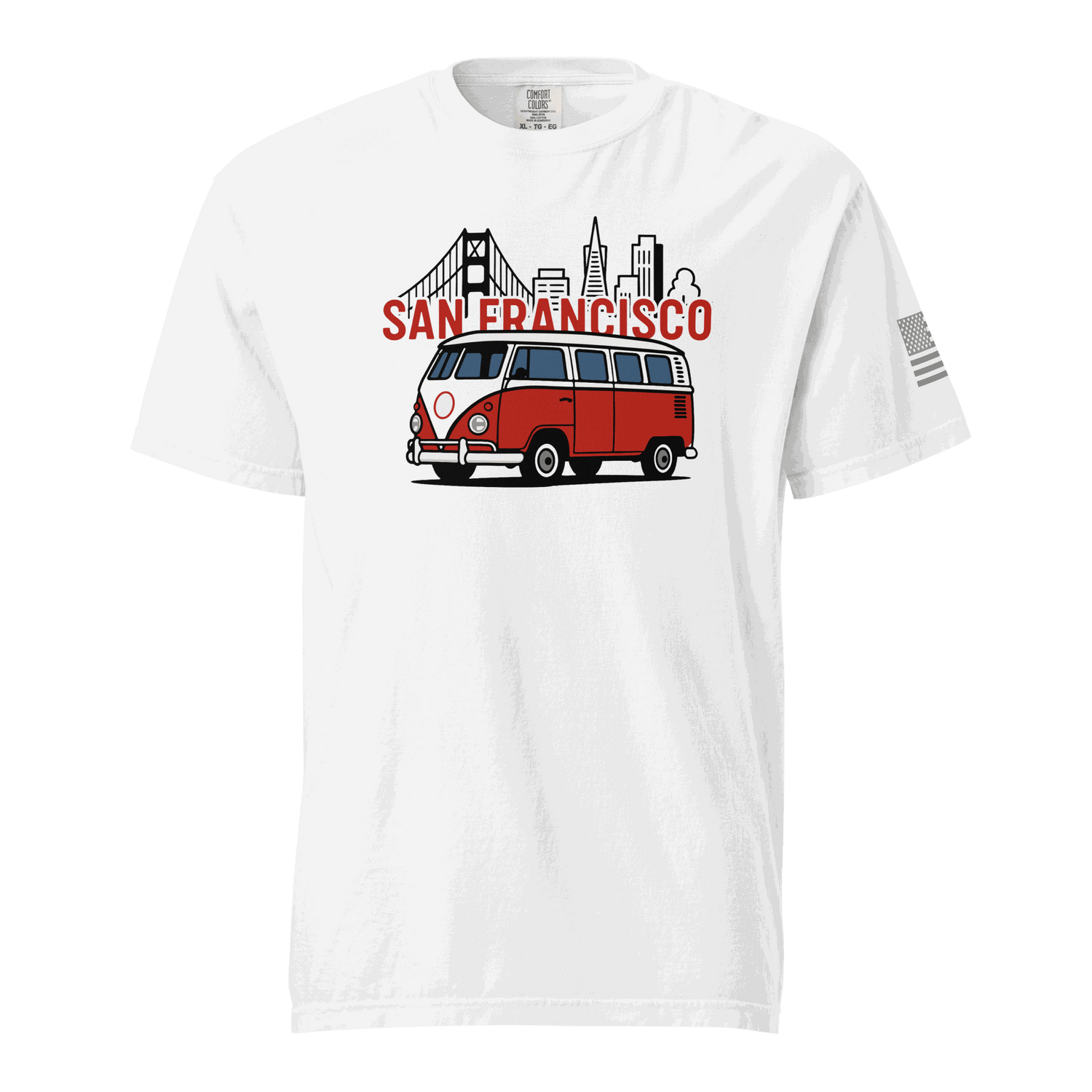 White vintage San Francisco T-shirt with red classic van and city skyline design